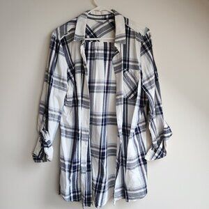 Reitmans XL White Blue Pink Plaid Button-Up Top Adjustable Sleeves